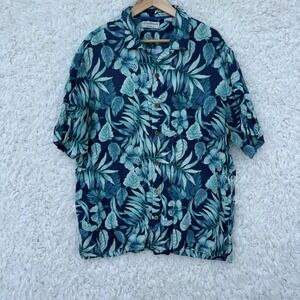 Caribbean Silk Blend XL Mens Hawaiian Shirt Blue Green Leaves‎ Aloha Island Swag